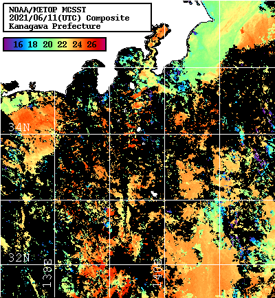 NOAA、MetOp 人工衛星画像 検索結果, 水温分布を図示