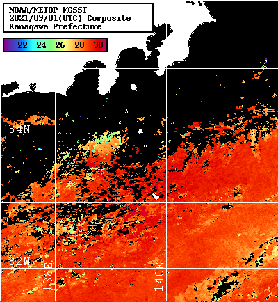 NOAA、MetOp 人工衛星画像 検索結果, 水温分布を図示