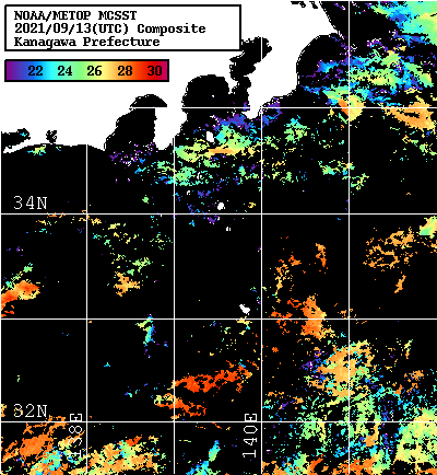 NOAA、MetOp 人工衛星画像 検索結果, 水温分布を図示