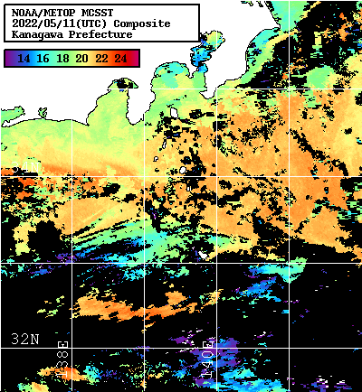 NOAA、MetOp 人工衛星画像 検索結果, 水温分布を図示