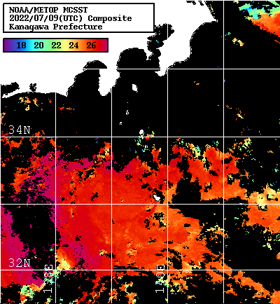 NOAA、MetOp 人工衛星画像 検索結果, 水温分布を図示