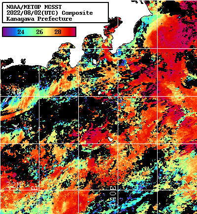 NOAA、MetOp 人工衛星画像 検索結果, 水温分布を図示