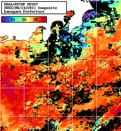 NOAA、MetOp 人工衛星画像 検索結果, 水温分布を図示