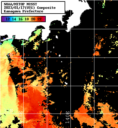NOAA、MetOp 人工衛星画像 検索結果, 水温分布を図示