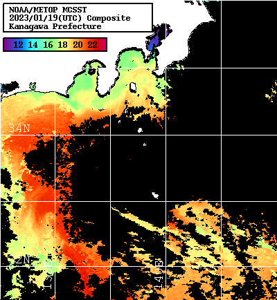 NOAA、MetOp 人工衛星画像 検索結果, 水温分布を図示