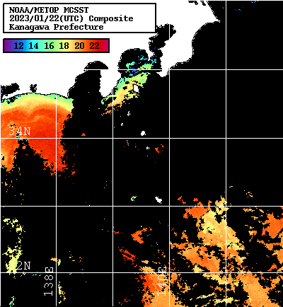 NOAA、MetOp 人工衛星画像 検索結果, 水温分布を図示
