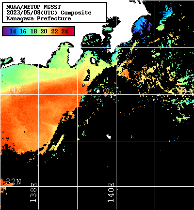 NOAA、MetOp 人工衛星画像 検索結果, 水温分布を図示