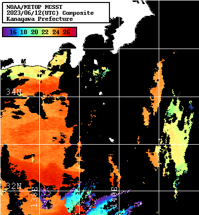 NOAA、MetOp 人工衛星画像 検索結果, 水温分布を図示