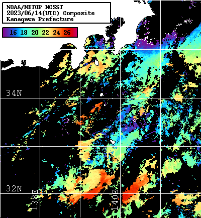 NOAA、MetOp 人工衛星画像 検索結果, 水温分布を図示