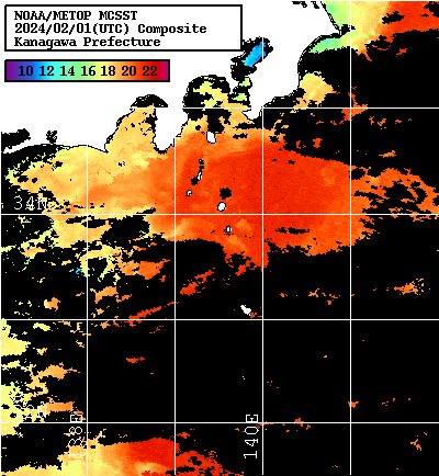 NOAA、MetOp 人工衛星画像 検索結果, 水温分布を図示