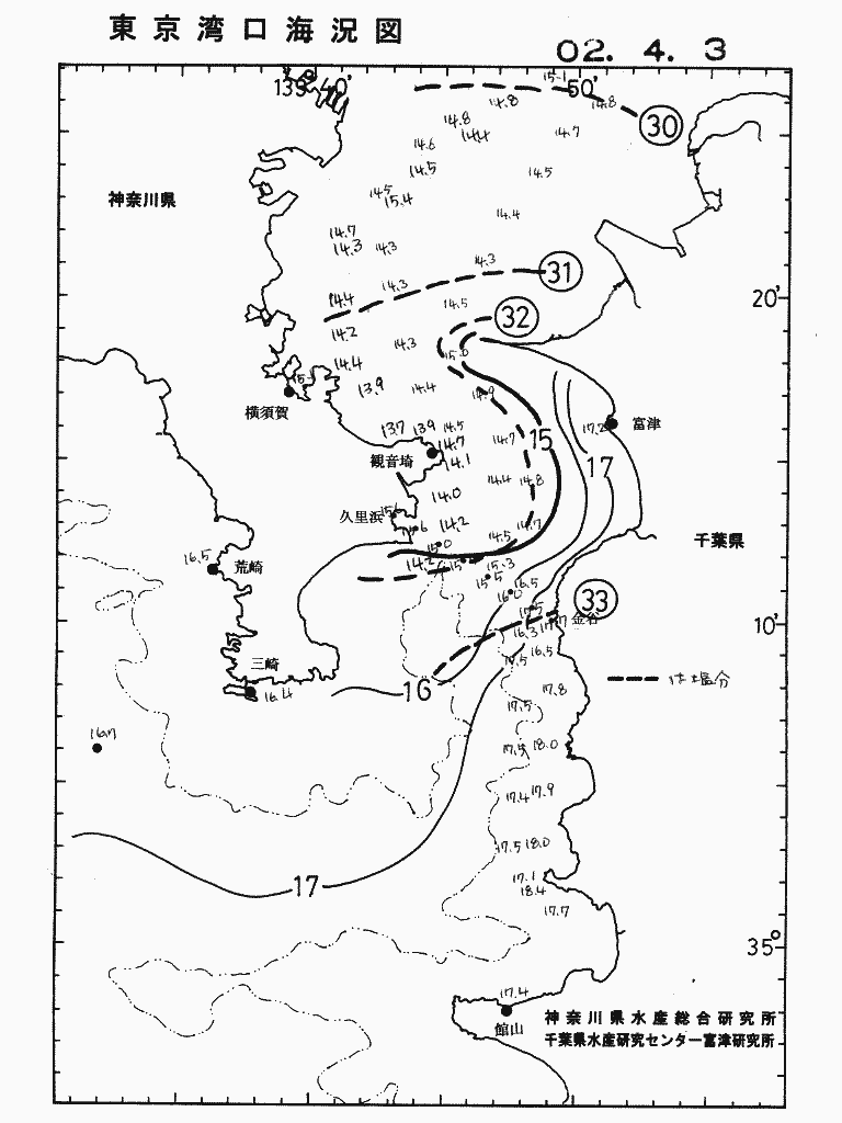 海況図, 東京湾口海況図 検索結果, (水温分布 等を図示)
