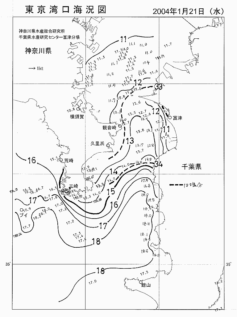 海況図, 東京湾口海況図 検索結果, (水温分布 等を図示)