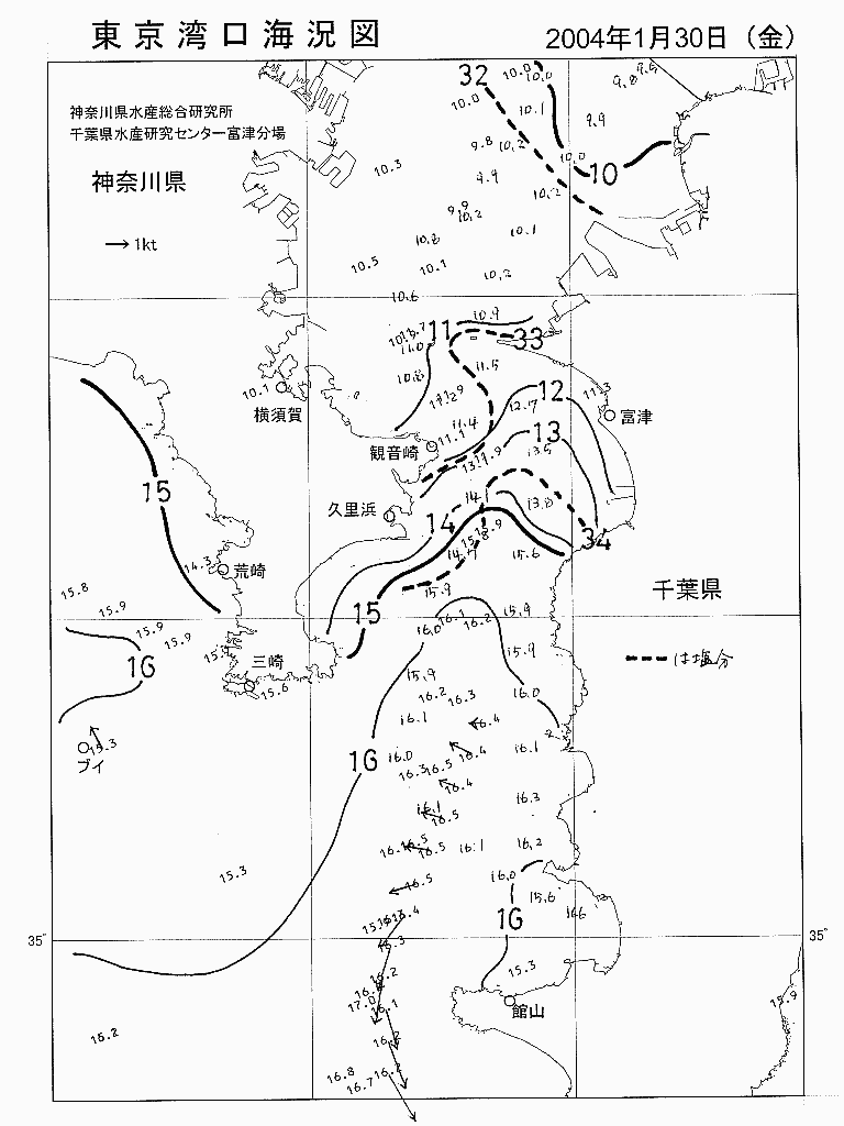 海況図, 東京湾口海況図 検索結果, (水温分布 等を図示)
