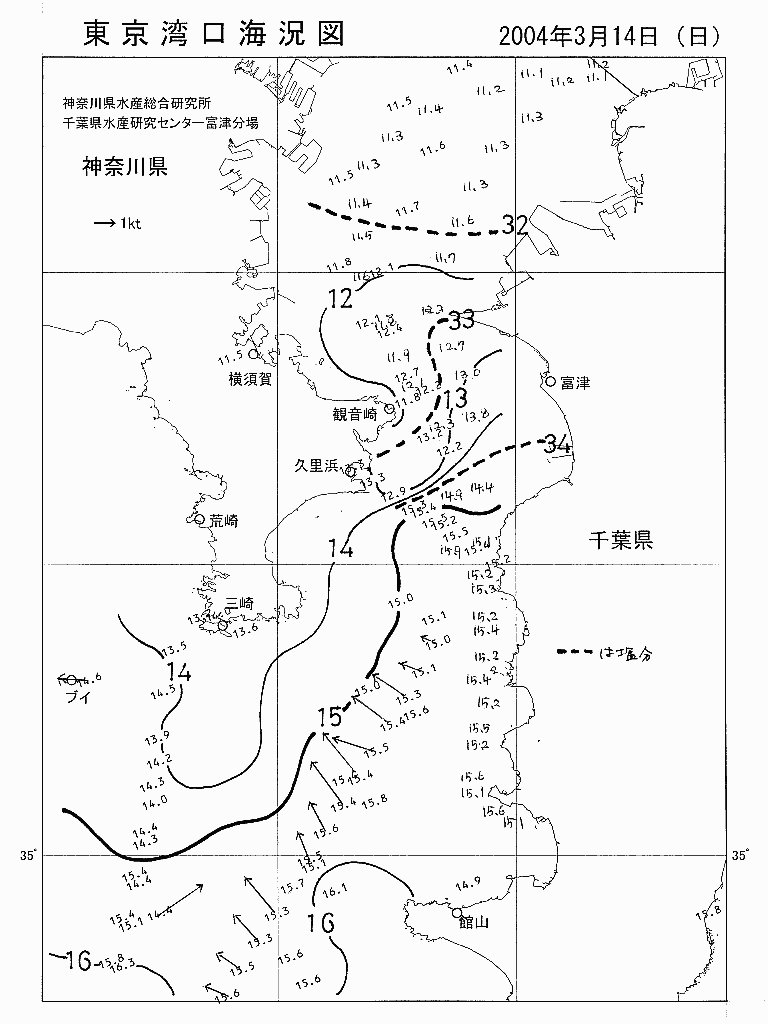 海況図, 東京湾口海況図 検索結果, (水温分布 等を図示)