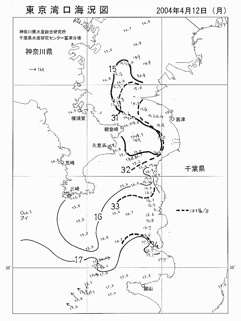 海況図, 東京湾口海況図 検索結果, (水温分布 等を図示)