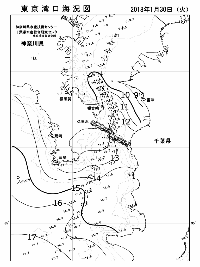 海況図, 東京湾口海況図 検索結果, (水温分布 等を図示)