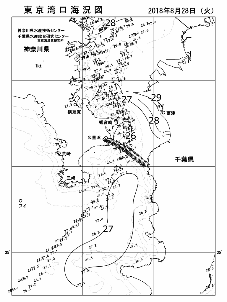 海況図, 東京湾口海況図 検索結果, (水温分布 等を図示)