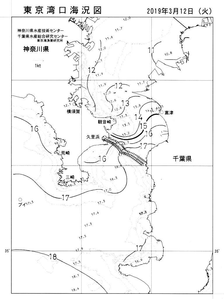 海況図, 東京湾口海況図 検索結果, (水温分布 等を図示)