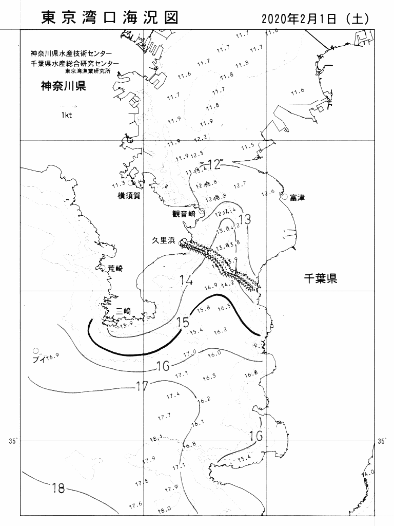 海況図, 東京湾口海況図 検索結果, (水温分布 等を図示)