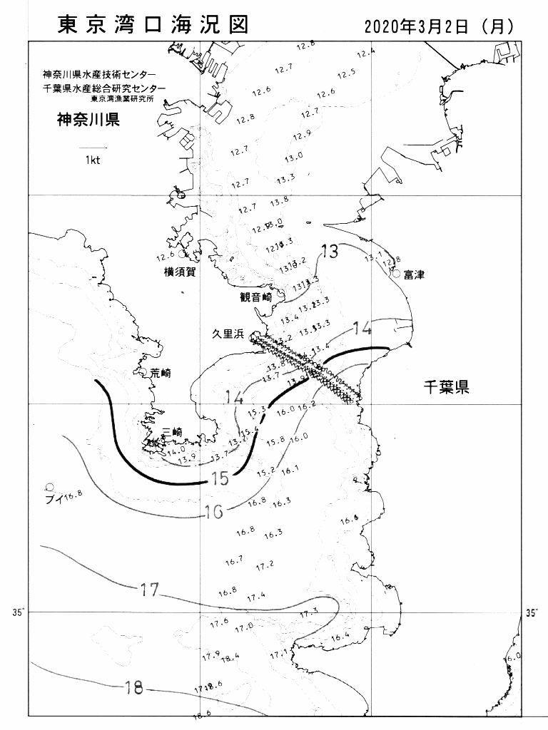 海況図, 東京湾口海況図 検索結果, (水温分布 等を図示)
