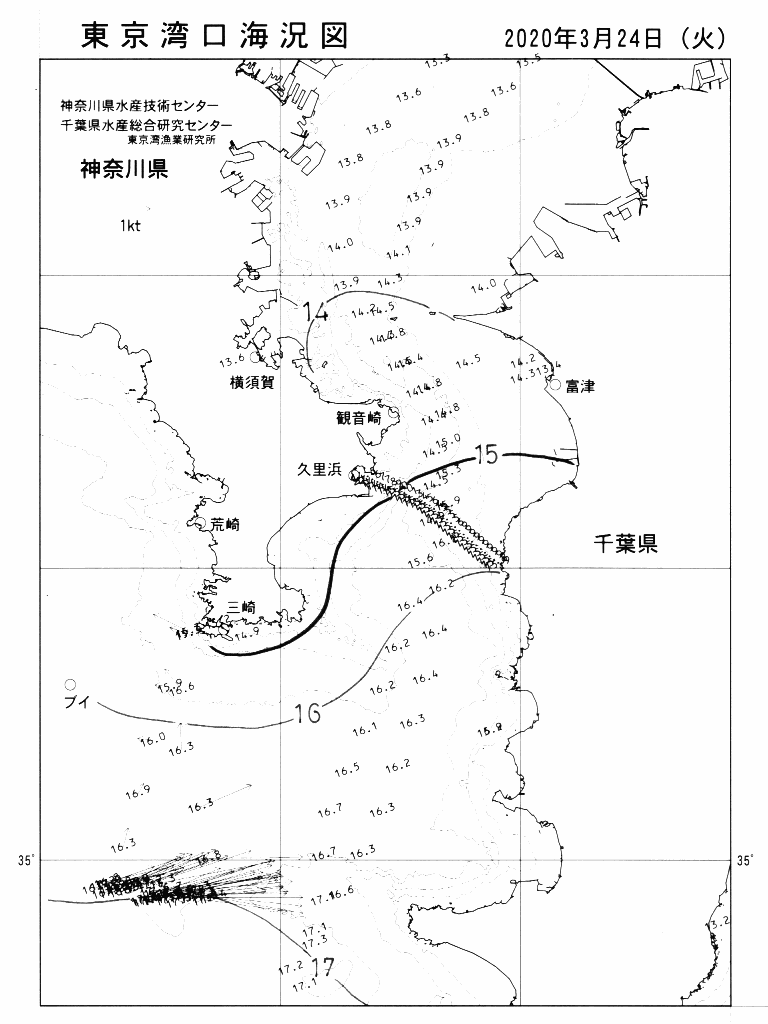 海況図, 東京湾口海況図 検索結果, (水温分布 等を図示)