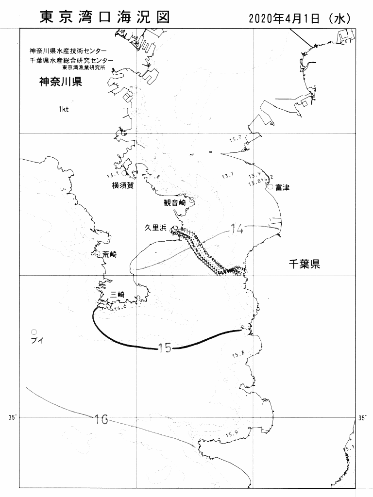 海況図, 東京湾口海況図 検索結果, (水温分布 等を図示)