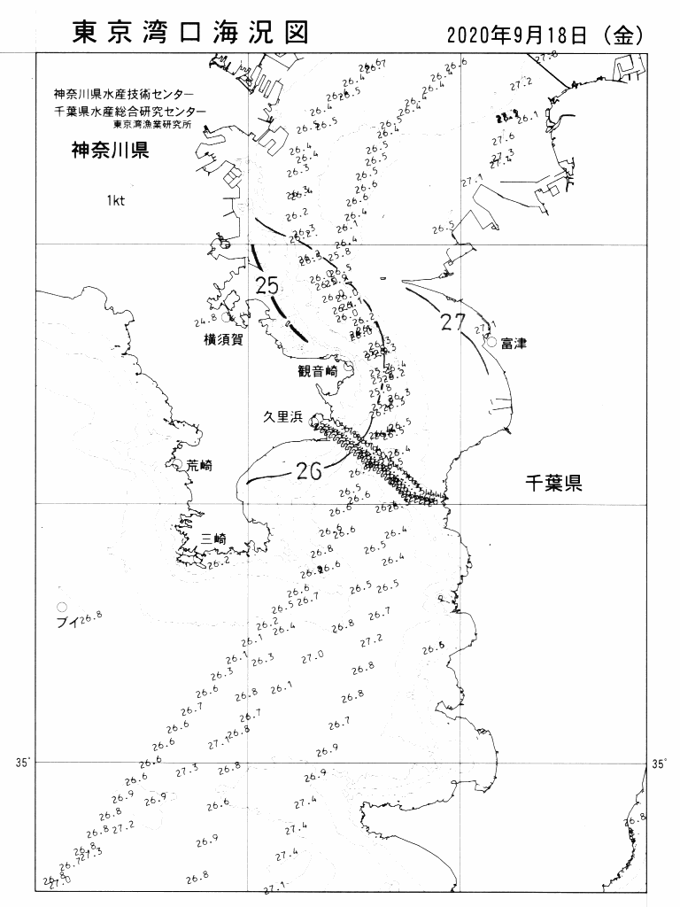 海況図, 東京湾口海況図 検索結果, (水温分布 等を図示)