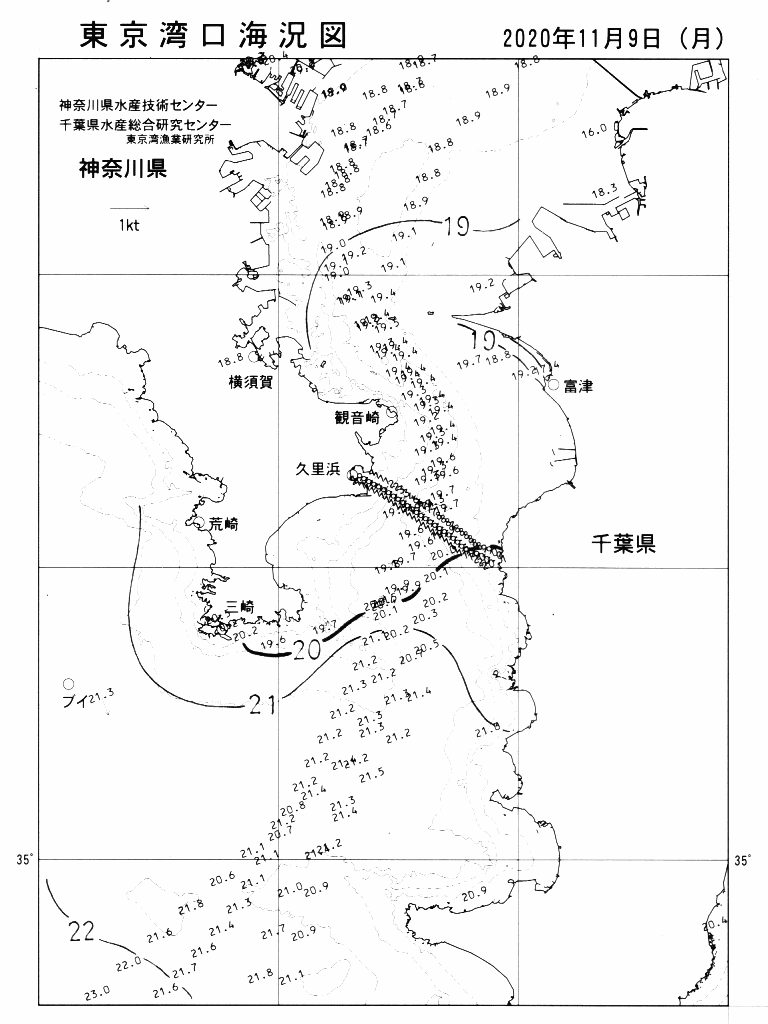 海況図, 東京湾口海況図 検索結果, (水温分布 等を図示)