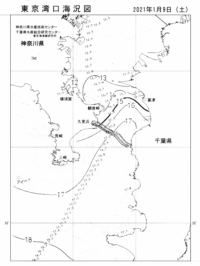 海況図, 東京湾口海況図 検索結果, (水温分布 等を図示)