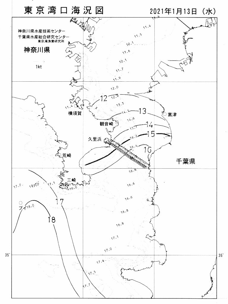 海況図, 東京湾口海況図 検索結果, (水温分布 等を図示)