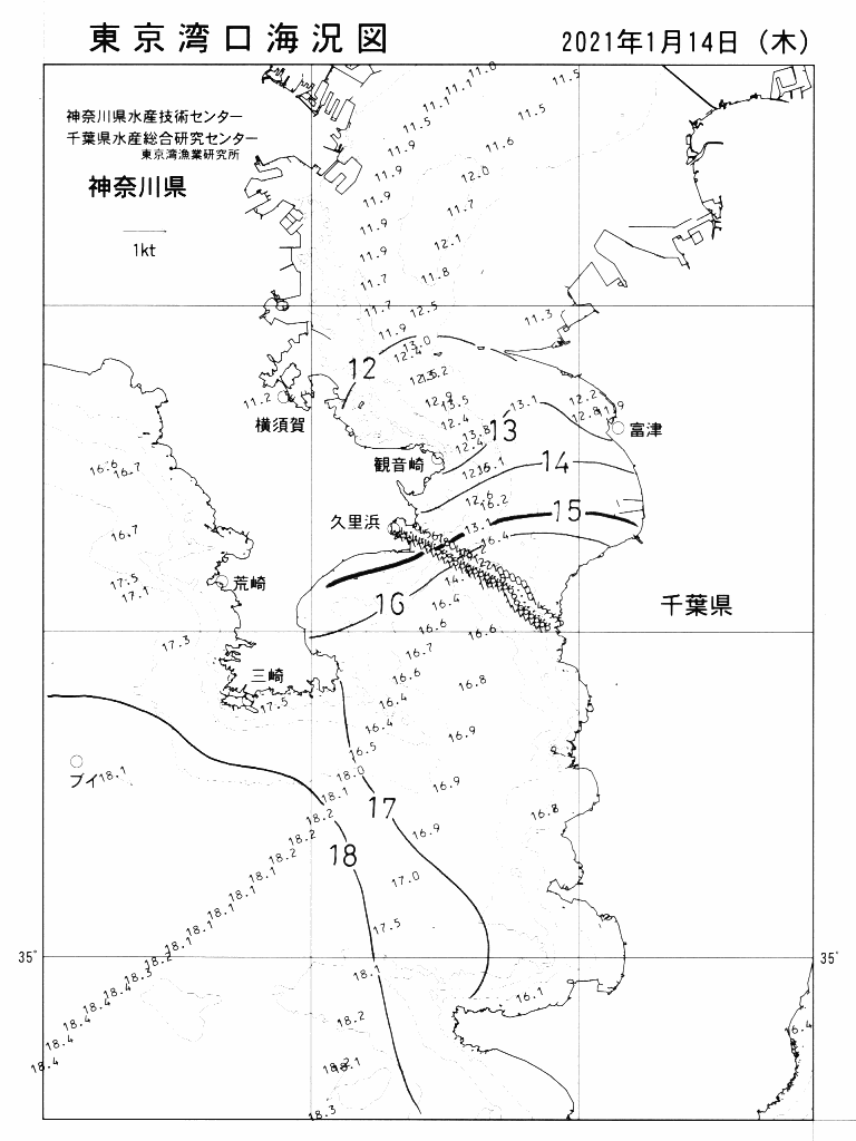 海況図, 東京湾口海況図 検索結果, (水温分布 等を図示)