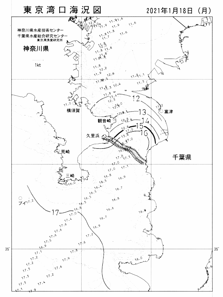 海況図, 東京湾口海況図 検索結果, (水温分布 等を図示)