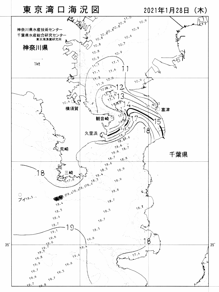 海況図, 東京湾口海況図 検索結果, (水温分布 等を図示)