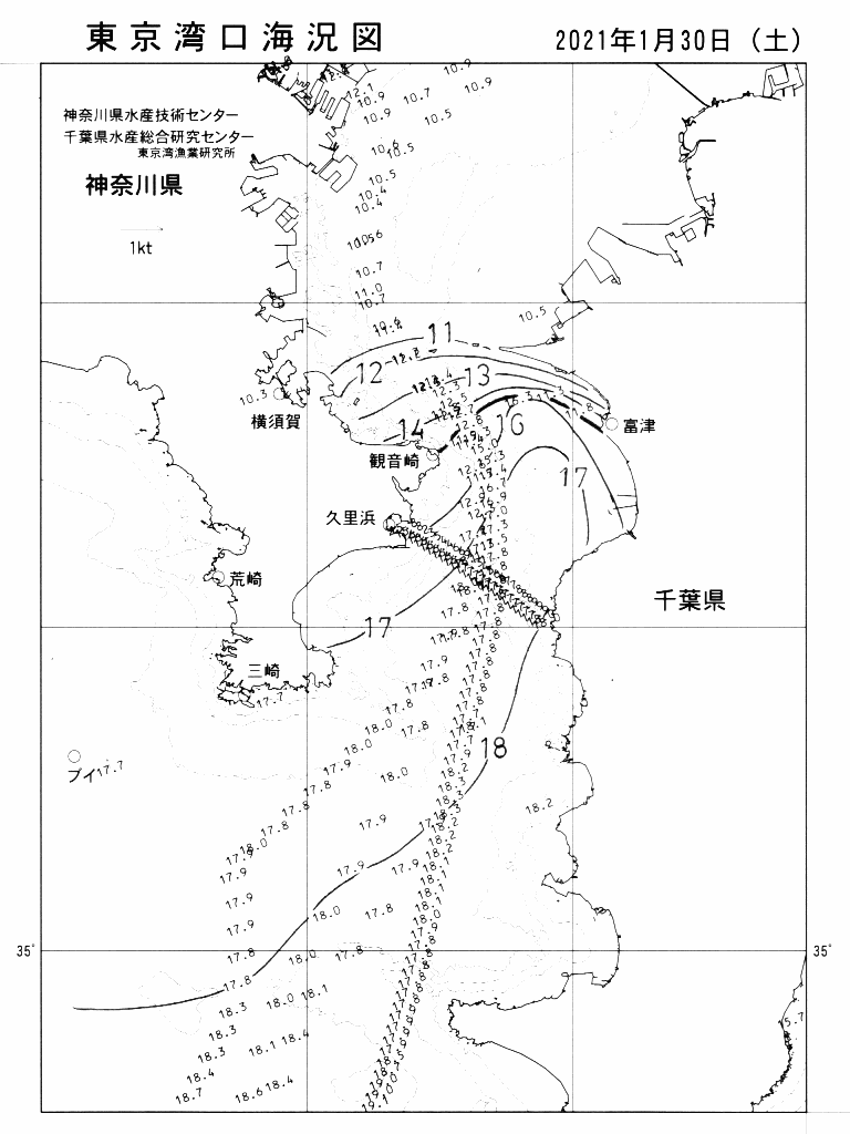 海況図, 東京湾口海況図 検索結果, (水温分布 等を図示)