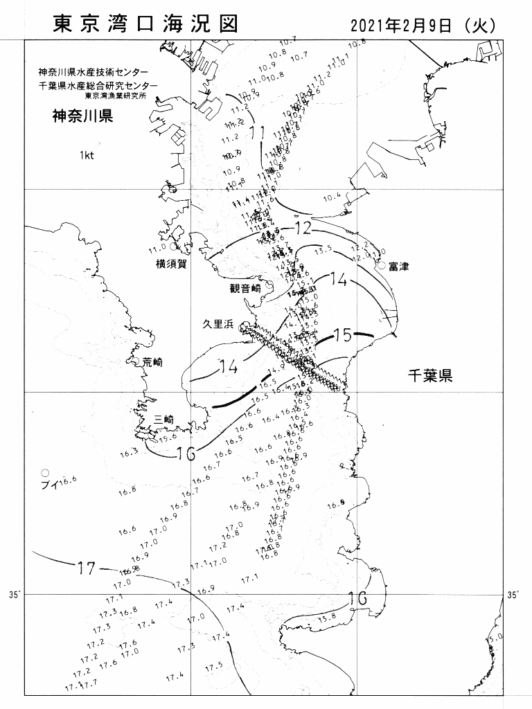 海況図, 東京湾口海況図 検索結果, (水温分布 等を図示)