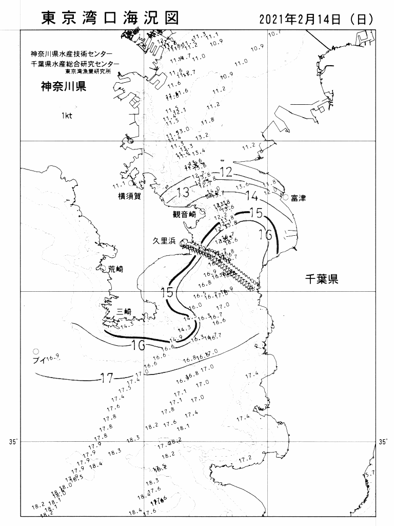 海況図, 東京湾口海況図 検索結果, (水温分布 等を図示)