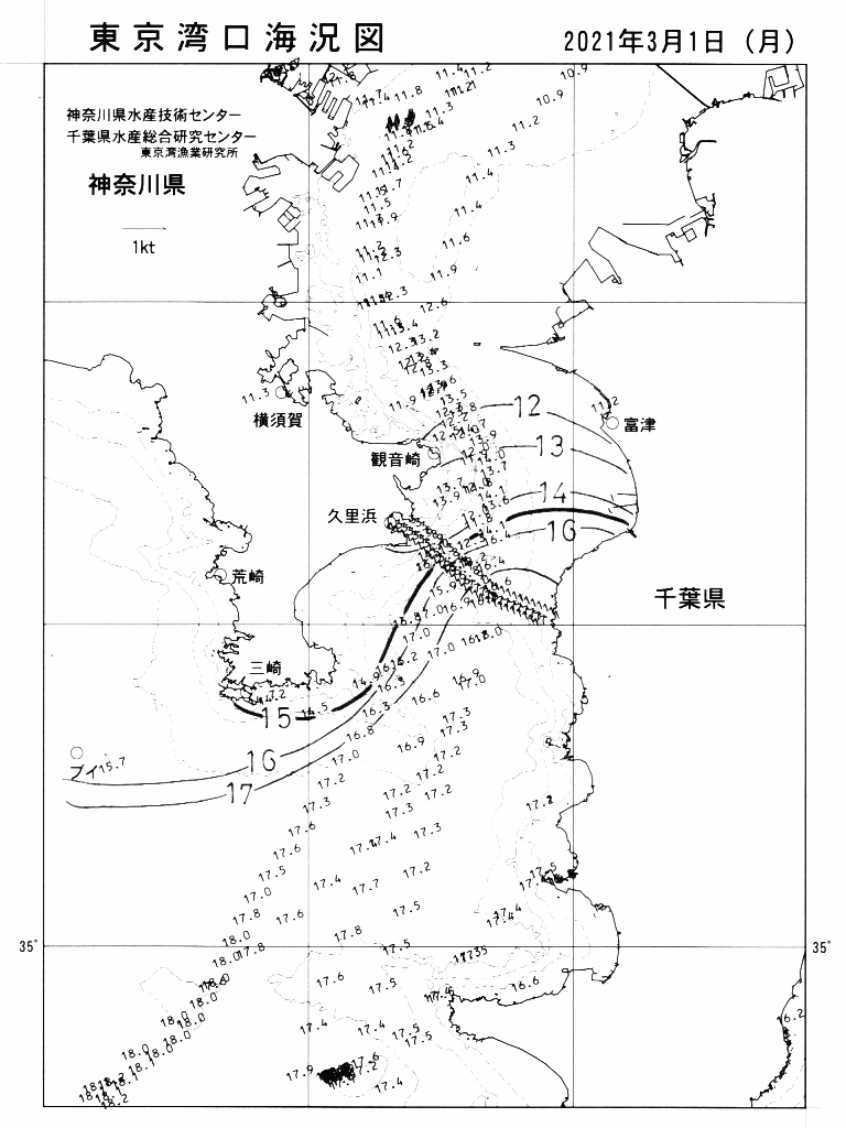 海況図, 東京湾口海況図 検索結果, (水温分布 等を図示)