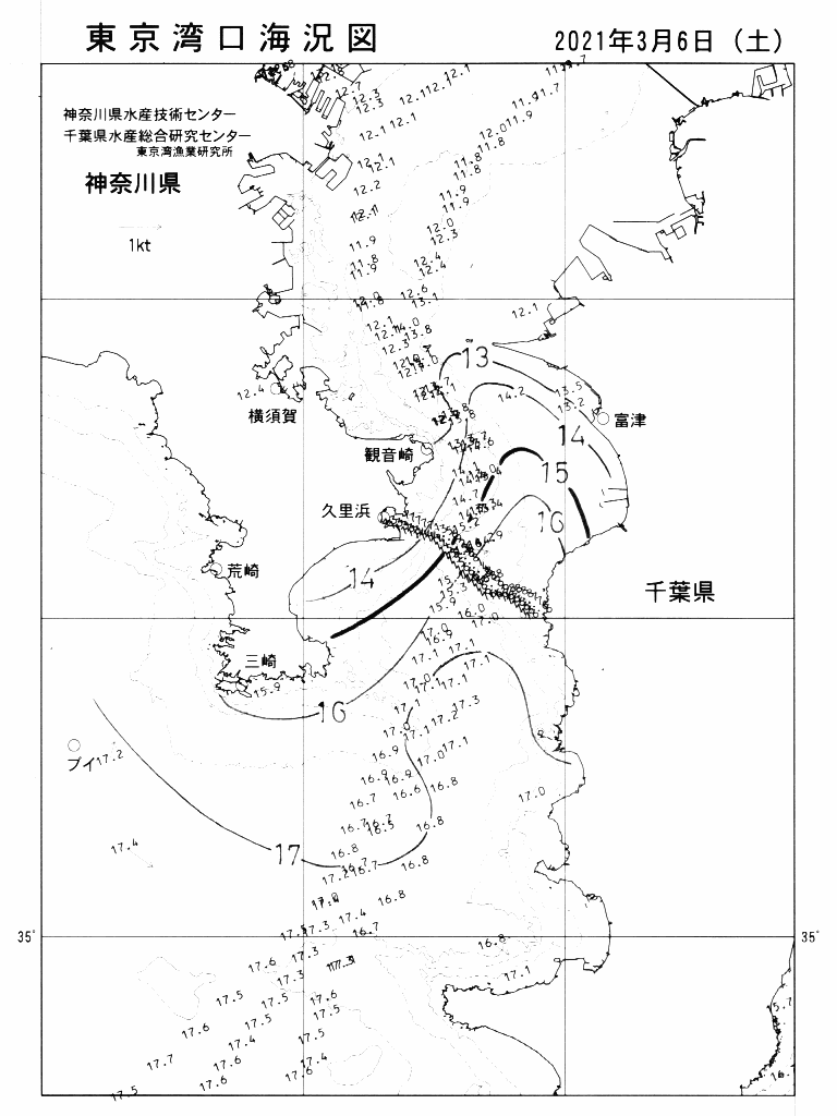 海況図, 東京湾口海況図 検索結果, (水温分布 等を図示)