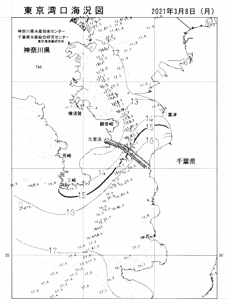 海況図, 東京湾口海況図 検索結果, (水温分布 等を図示)