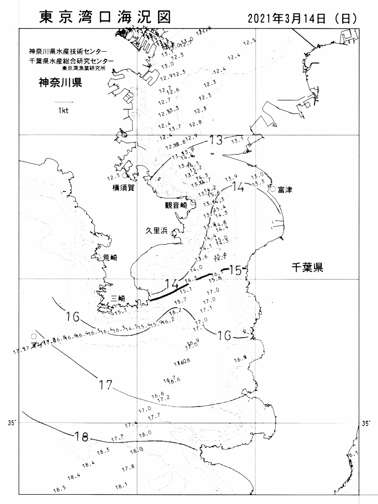 海況図, 東京湾口海況図 検索結果, (水温分布 等を図示)