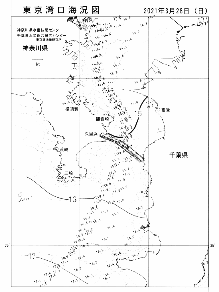 海況図, 東京湾口海況図 検索結果, (水温分布 等を図示)