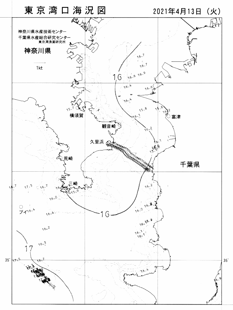 海況図, 東京湾口海況図 検索結果, (水温分布 等を図示)