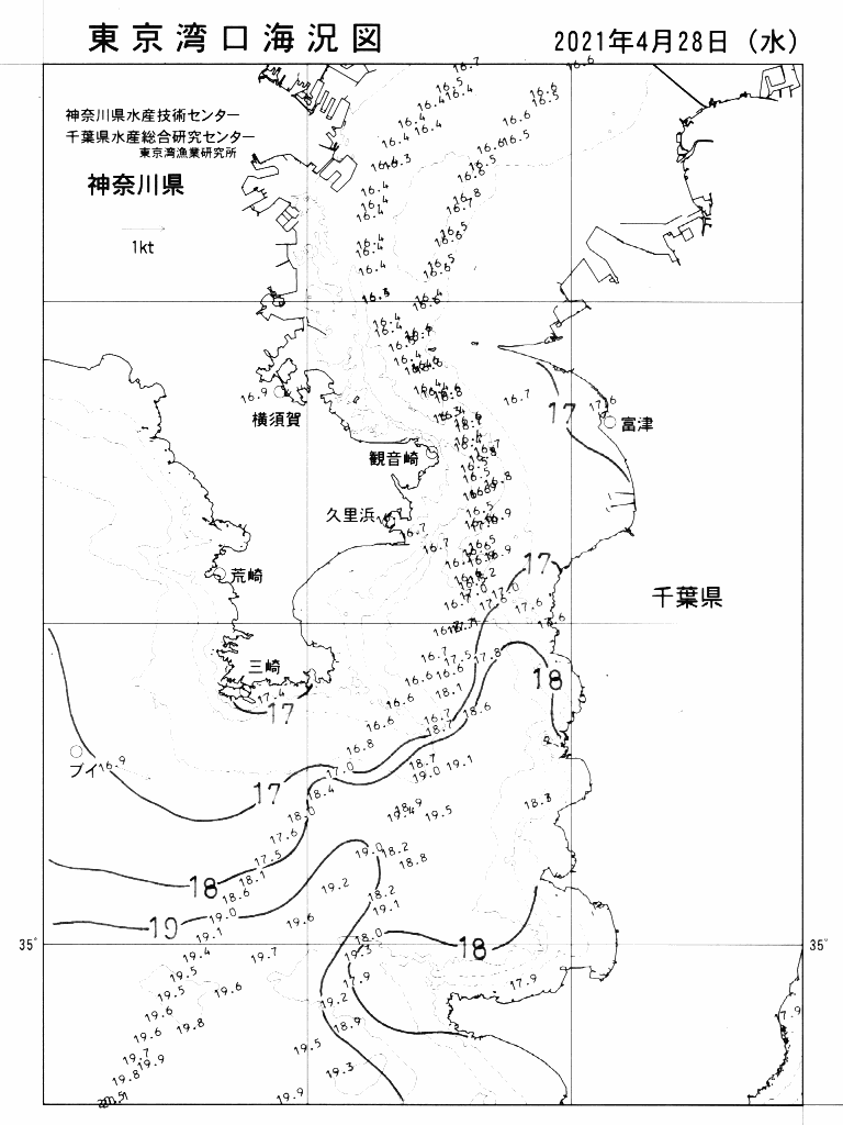海況図, 東京湾口海況図 検索結果, (水温分布 等を図示)