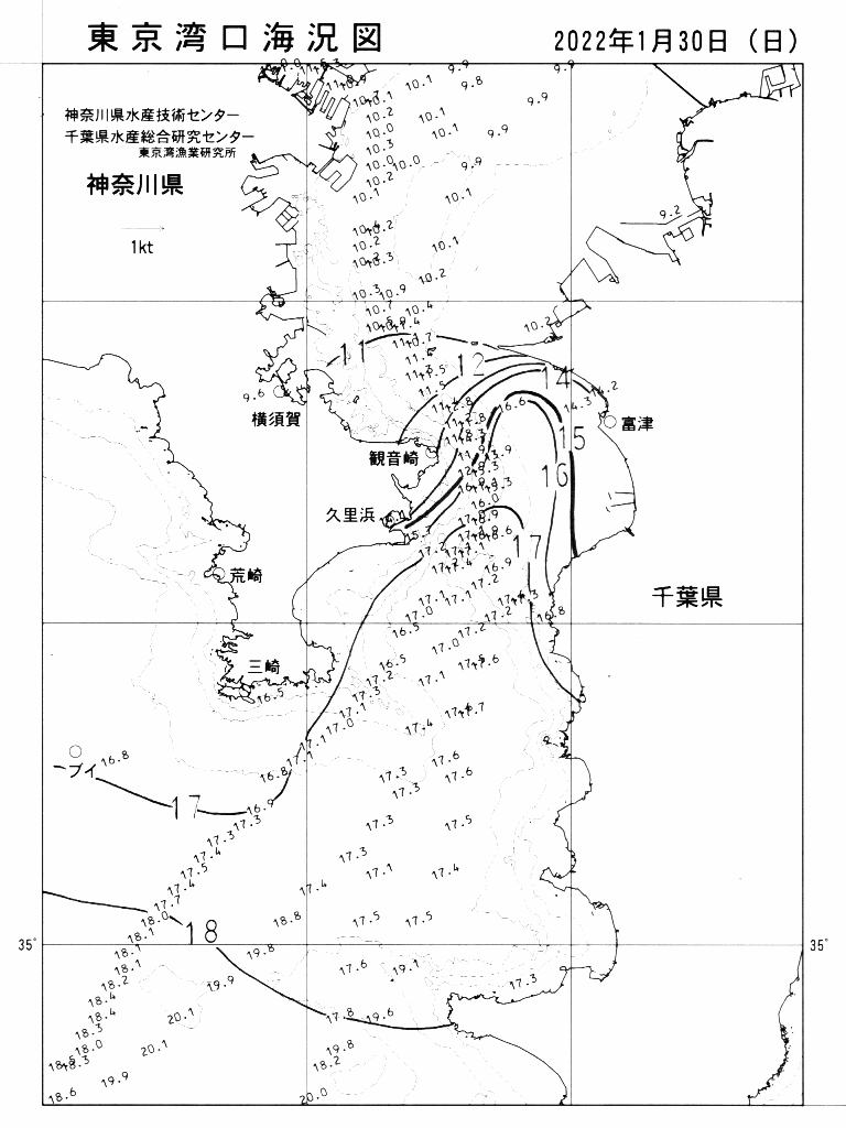 海況図, 東京湾口海況図 検索結果, (水温分布 等を図示)