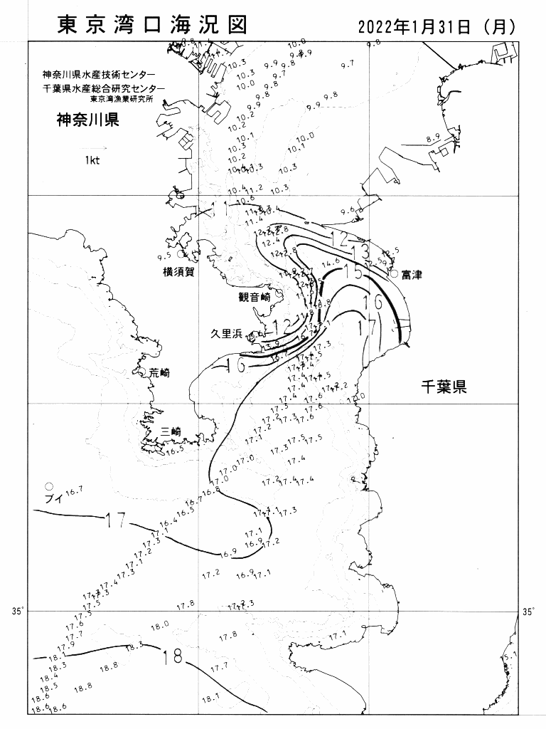 海況図, 東京湾口海況図 検索結果, (水温分布 等を図示)