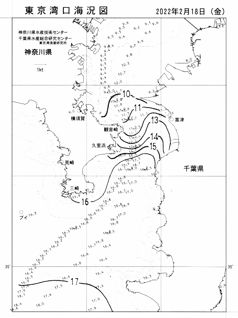 海況図, 東京湾口海況図 検索結果, (水温分布 等を図示)