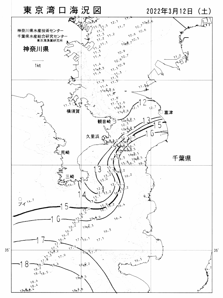 海況図, 東京湾口海況図 検索結果, (水温分布 等を図示)