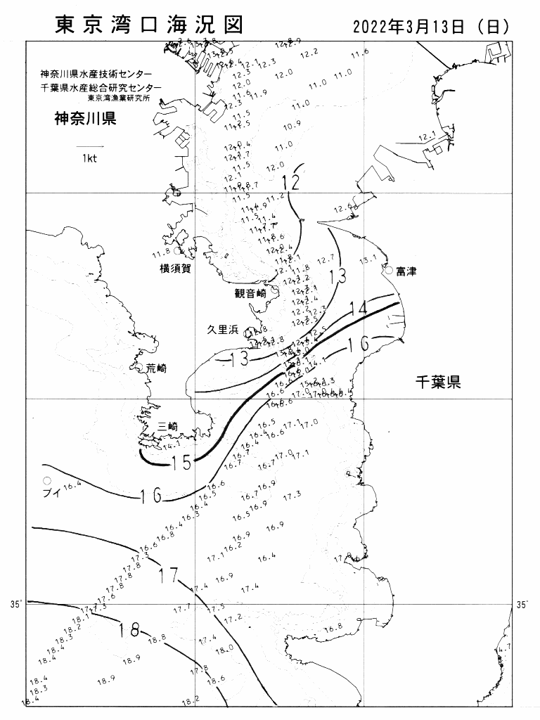 海況図, 東京湾口海況図 検索結果, (水温分布 等を図示)