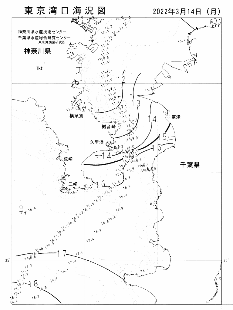 海況図, 東京湾口海況図 検索結果, (水温分布 等を図示)