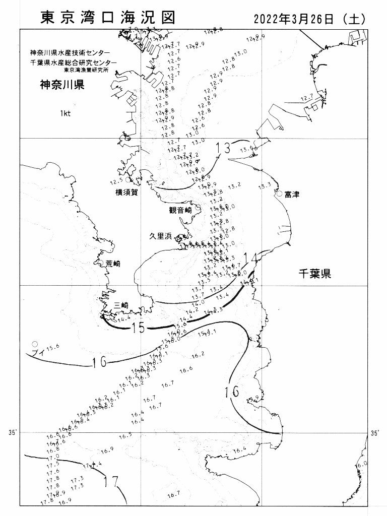 海況図, 東京湾口海況図 検索結果, (水温分布 等を図示)